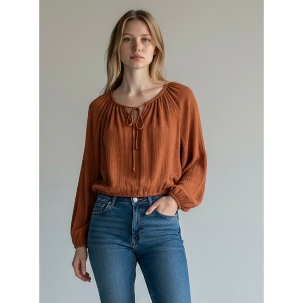 Self Contrast Rust Gauze Peasant Blouse Tie Neck Crop Top XS NWOT